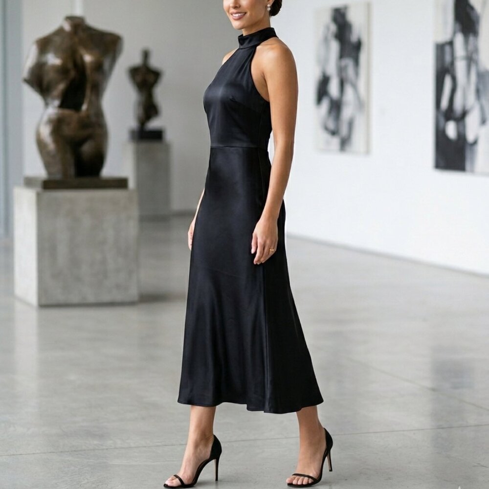 NWT JOIE BLACK SATIN HALTER OPEN BACK LONG EVENING DRESS - XL
